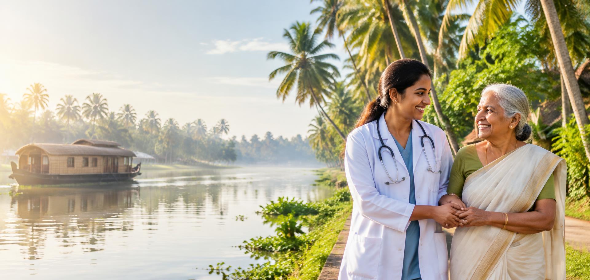 Doctor caring for an elderly patient beside the Kerala backwaters